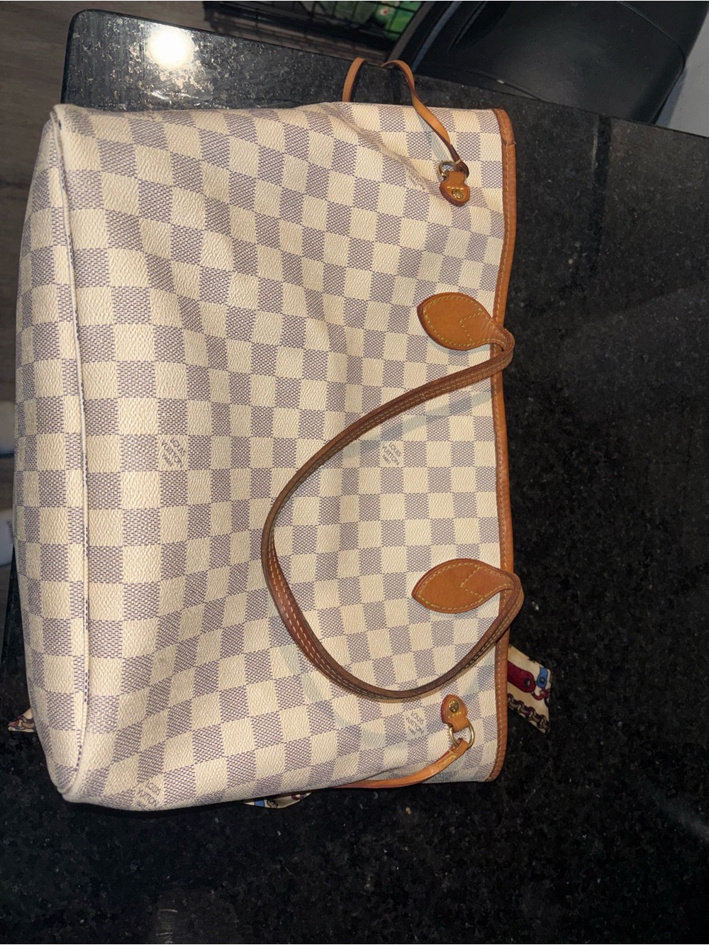 Louis Vuitton Damier Azur Canvas Tote with Brown Leather Trim